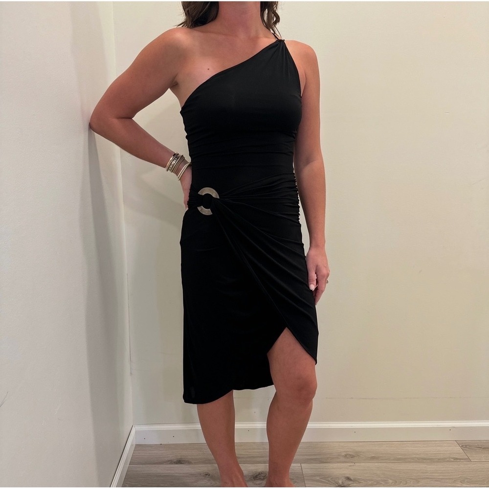 BCBGMAXAZRIA Black One Shoulder Draped Ring Cocktail Dress Asymmetric Hem